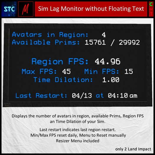 Second Life Marketplace STCMichelle's Sim Lag Monitor (without